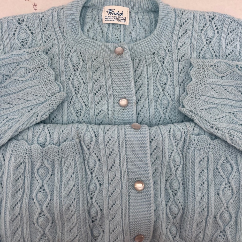 Vtg women's Sweater Sz Large Blue Orlon Acrylic Cable‎ Knit Wintuk Cardigan